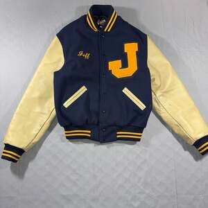 Vintage Dehen Wool & Leather Varsity Letterman Jacket Navy/Gold Size S
